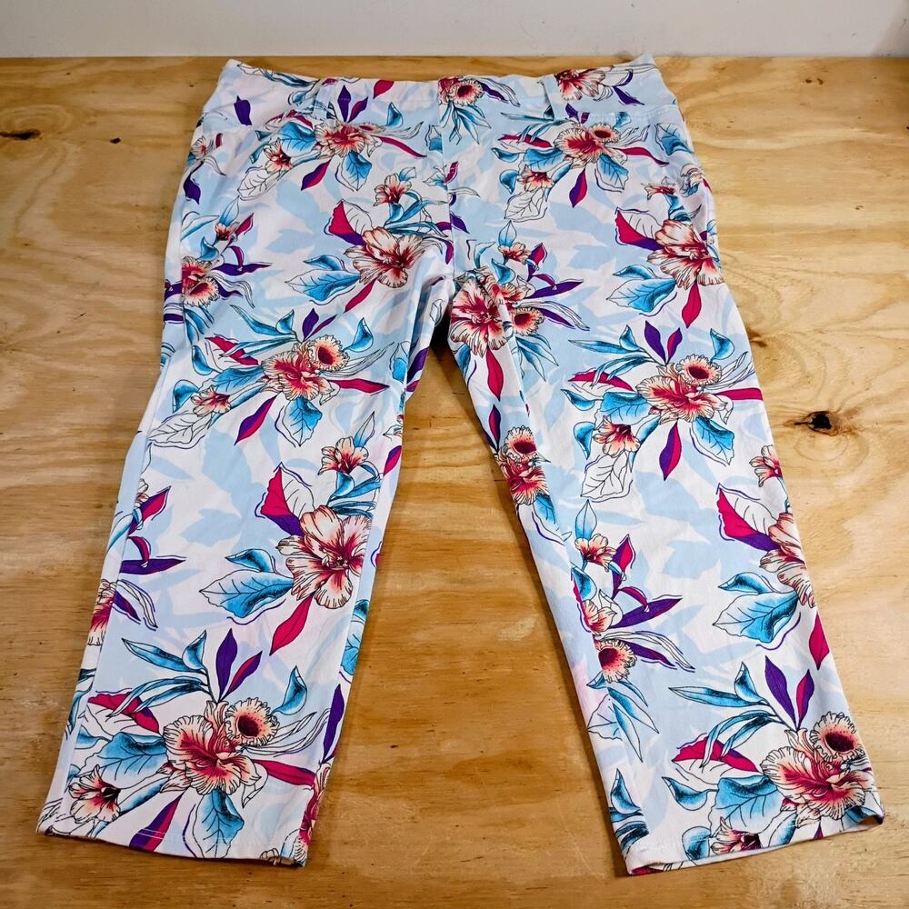Faded Glory Womens Plus 2X 18W 20W Floral Stretch Capri Crop Pants Multi-Color
